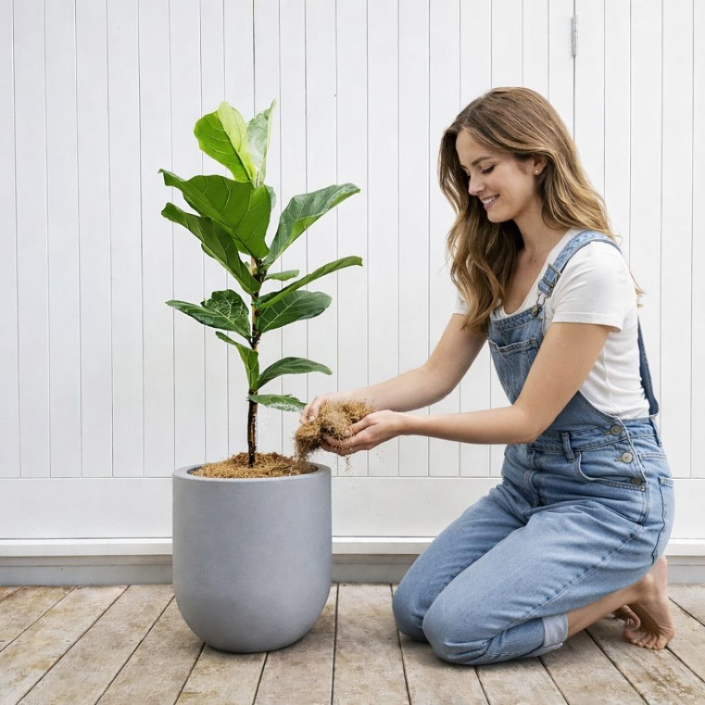 lady-placing-coco-fibre-on-top-of-plant