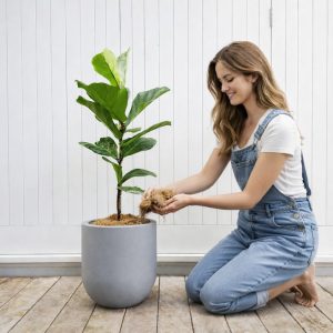 lady-placing-coco-fibre-on-top-of-plant
